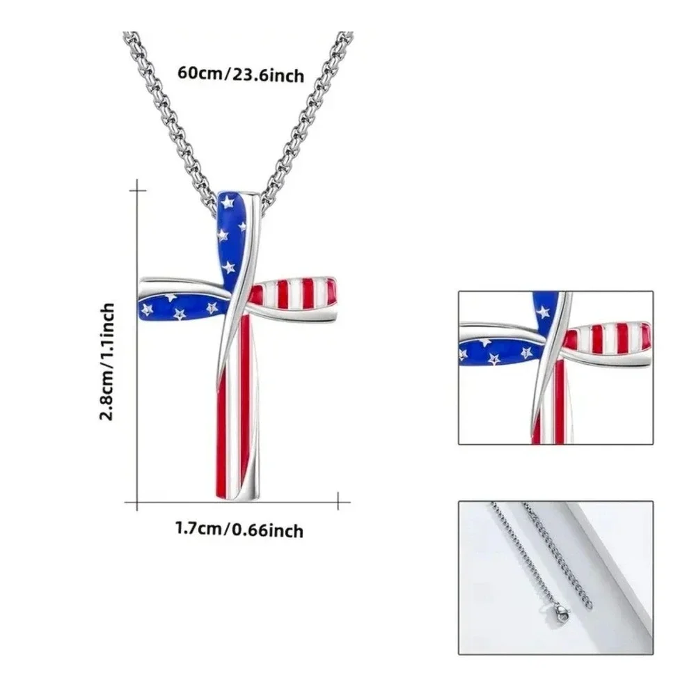 American Flag Cross‎ Necklace Stainless Steel Pendant Patriotic Jewelry USA